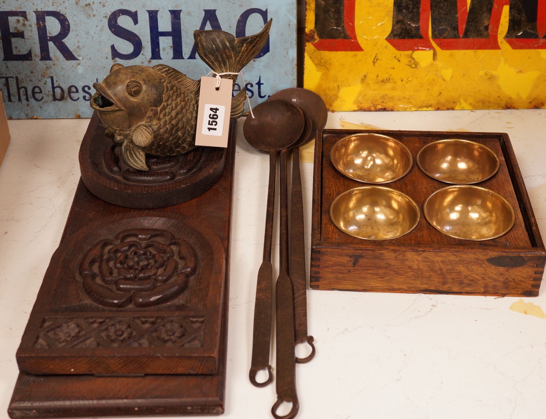 A carved oak book stand, brass spice box and others (6)